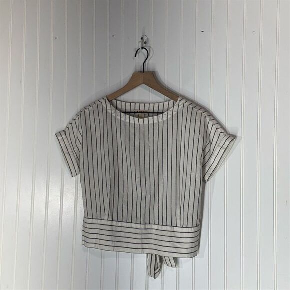 Brooks Brothers Red Fleece Women’s Size 2 Linen Blend Tie-Back Top Striped White - Picture 1 of 7